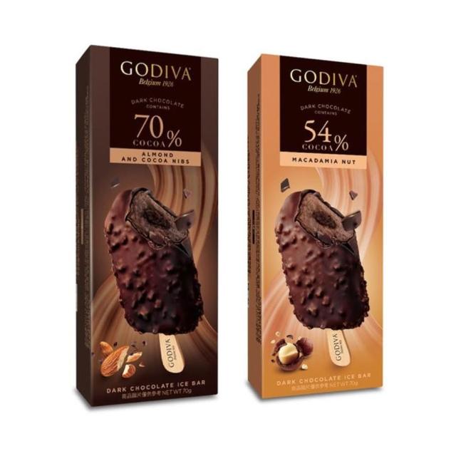 【GODIVA】54%黑巧克力夏威夷果仁/70%黑巧克力熟可可杏仁脆粒雪糕；任選24支(冰淇淋/冰棒/冰品/甜品/甜點)