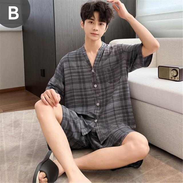 【NEW FORCE】高奢格紋男士短袖居家套裝-6色可選(男士睡衣/居家套裝/短袖睡衣/開扣/襯衫式睡衣)