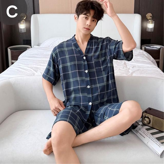 【NEW FORCE】高奢格紋男士短袖居家套裝-6色可選(男士睡衣/居家套裝/短袖睡衣/開扣/襯衫式睡衣)