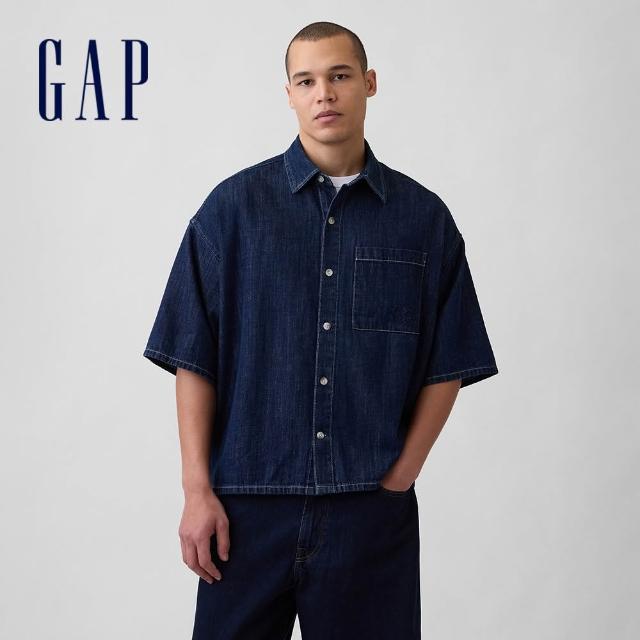 【GAP】男裝 牛仔寬版直下擺短袖襯衫-多色任選(893804)