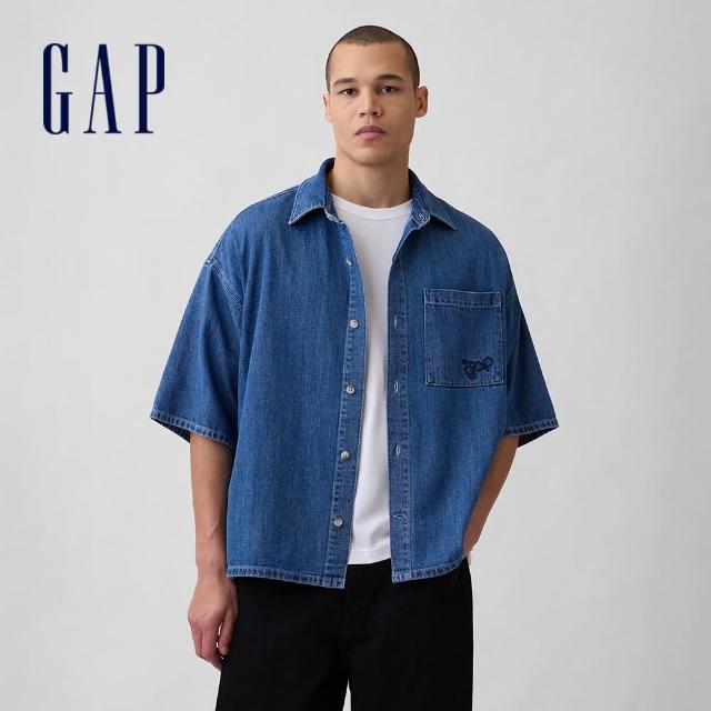 【GAP】男裝 牛仔寬版直下擺短袖襯衫-多色任選(893804)