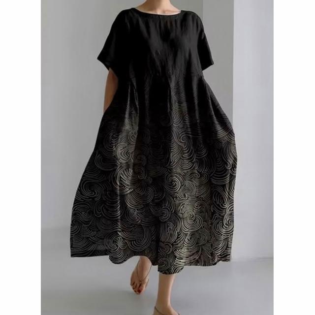【巴黎精品】現貨+預購 連身裙短袖洋裝大尺碼女裝(圓領寬鬆網版絹印顯瘦長裙女裙子22款b2a8 C)