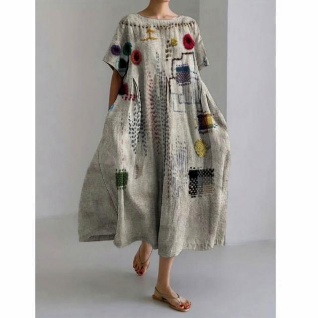 【巴黎精品】現貨+預購 連身裙短袖洋裝大尺碼女裝(圓領寬鬆網版絹印顯瘦長裙女裙子22款b2a8 C)