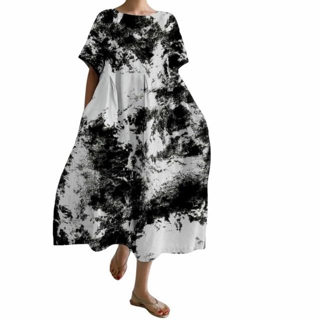 【巴黎精品】現貨限搶 連身裙短袖洋裝大尺碼女裝(圓領寬鬆網版絹印顯瘦長裙女裙子22款b2a8)