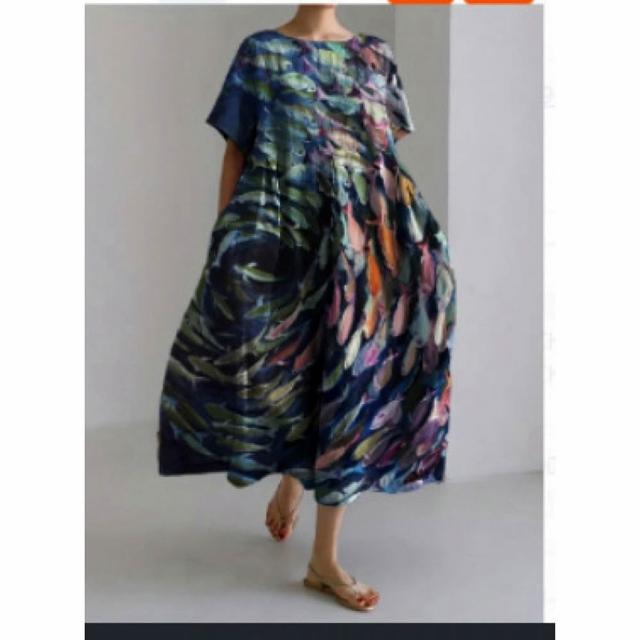【巴黎精品】現貨限搶 連身裙短袖洋裝大尺碼女裝(圓領寬鬆網版絹印顯瘦長裙女裙子22款b2a8)