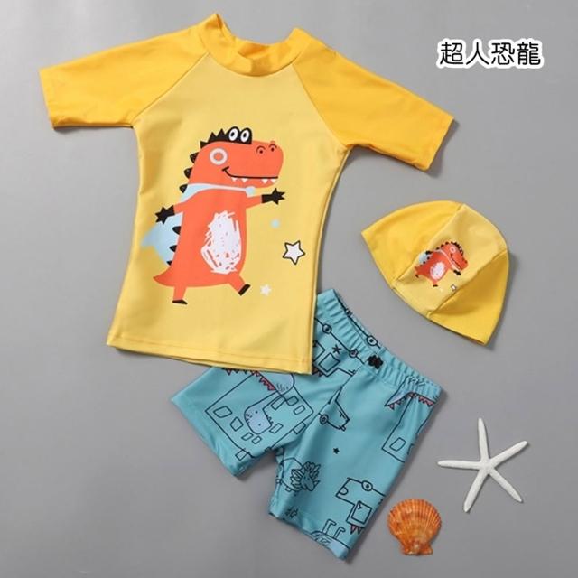 【橘魔法】繽紛恐龍集合插肩短袖泳衣+五分褲泳褲+泳帽 2件式 男童 兒童 童裝 泳裝 夏天 玩水 游泳 海邊