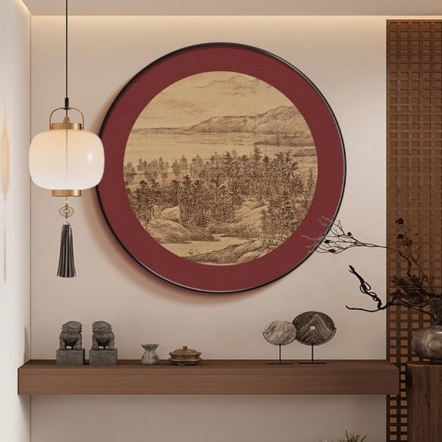 【匠俱】宋代美學掛畫70x70cm 整裝帶框 玄關山水畫 噴繪裝飾畫 書房茶室客廳藝術畫 圓形字畫 壁畫
