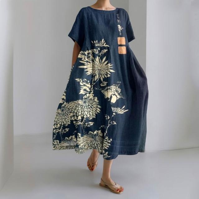 【巴黎精品】現貨+預購 連身裙短袖洋裝大尺碼女裝(圓領寬鬆網版絹印顯瘦長裙連衣裙女裙子14款b2a12 A)
