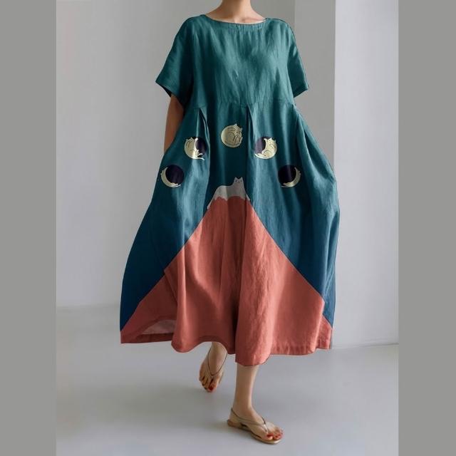 【巴黎精品】現貨+預購 連身裙短袖洋裝大尺碼女裝(圓領寬鬆網版娟印顯瘦長裙連衣裙女裙子15款b2a11 B)