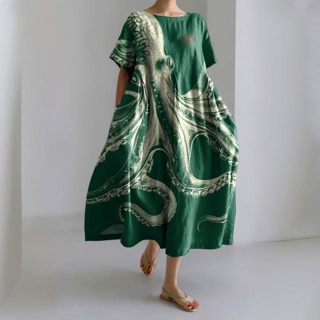 【巴黎精品】現貨+預購 連身裙短袖洋裝大尺碼女裝(圓領寬鬆網版娟印顯瘦長裙連衣裙女裙子15款b2a11 B)