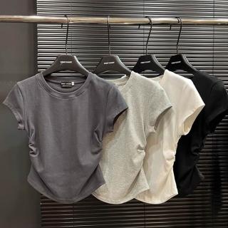 【D.studio】韓版側邊收腰顯瘦短袖上衣 短版上衣 衣服 夏天女裝 短板上衣 短版t恤 女裝 短袖t恤  T701