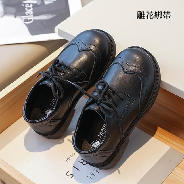 【橘魔法】兒童雕花學院風黏貼綁帶皮鞋 男童 女童 童鞋 平底鞋 黑皮鞋 德比鞋 鞋子 學生皮鞋 表演