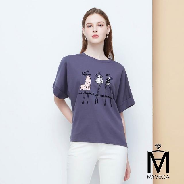 【MYVEGA 麥雪爾】MA涼爽小香風植絨女伶印花落肩蝙蝠袖寬鬆上衣-共三色(日系/女上衣/涼感/短袖)