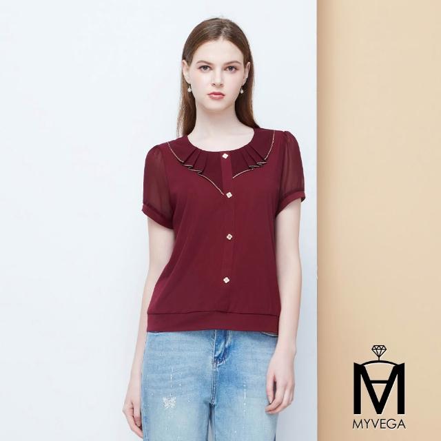【MYVEGA 麥雪爾】MA水手亮鑽領結刺繡/壓褶領幸運草上衣-二款任選(日系/女上衣/棉T/長袖)