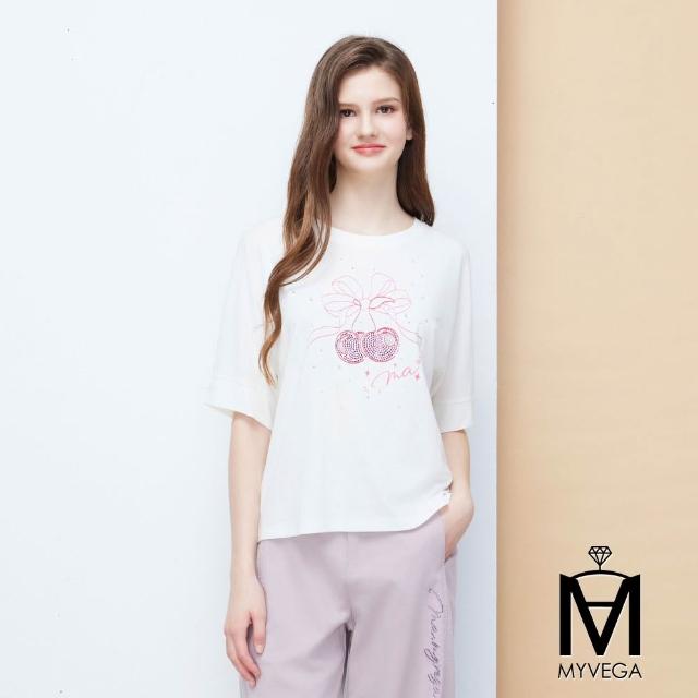 【MYVEGA 麥雪爾】MA嫘縈櫻桃亮鑽蝴蝶結落肩上衣-共二色(女上衣/短袖上衣/彈力T)