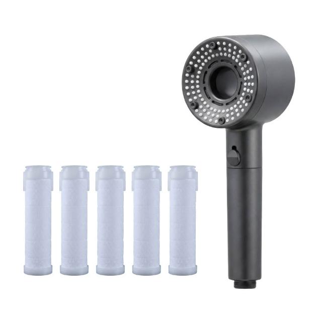 【悅浴良品】五段式極簡美學SPA蓮蓬頭濾心套裝組(增壓過濾/一鍵止水/可更換濾芯/過濾水質/淋浴花灑/省水)