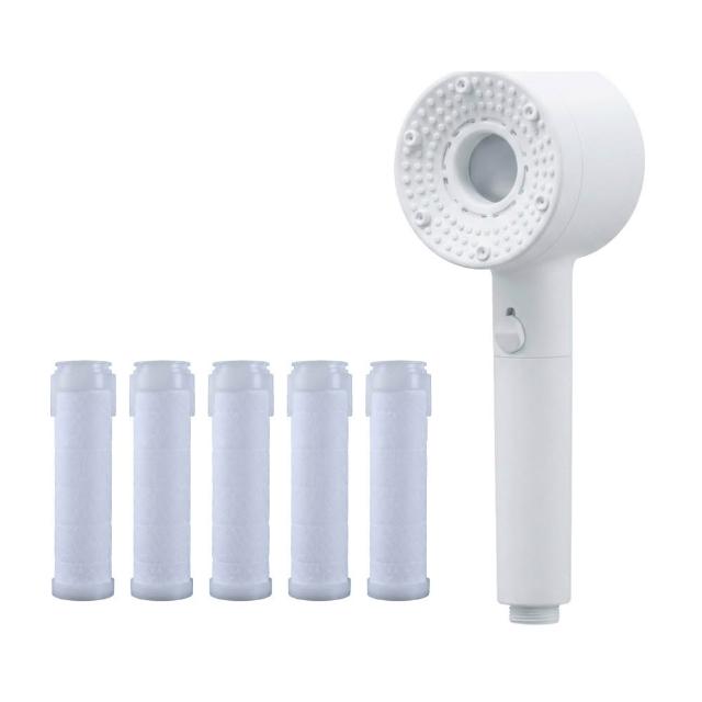 【悅浴良品】五段式極簡美學SPA蓮蓬頭濾心套裝組(增壓過濾/一鍵止水/可更換濾芯/過濾水質/淋浴花灑/省水)