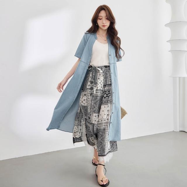 【OB 嚴選】涼感冰絲輕量Ｖ領高腰開襟牛仔長洋裝 《DA10741》 適 2L~5L