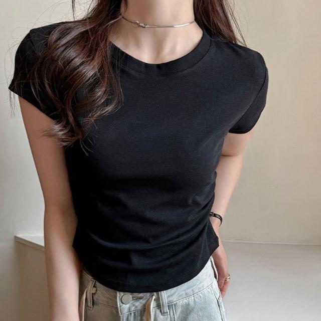 【D.studio】韓版美式氣質短版上衣 短袖上衣 衣服 夏天女裝 短板上衣 短版t恤 短袖t恤 素T 運動上衣 T701