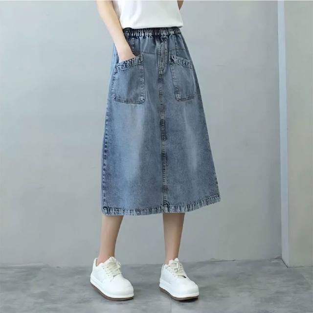 【ASister 小姊姊】AS2588#女裝｜裙子☆鬆緊帶大口袋A字半身牛仔裙(淺藍色 S-3XL)