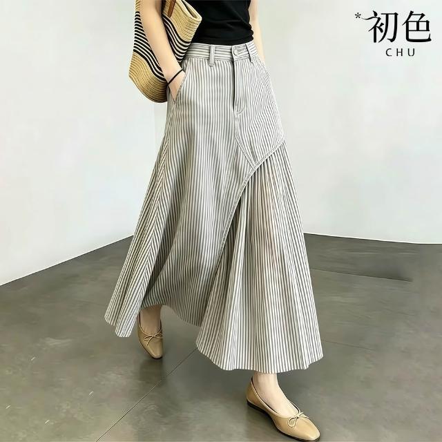 【初色】韓系休閒風百搭氣質壓褶層次設計A字短裙中長裙半身裙-4款任選-52358(M-2XL可選)