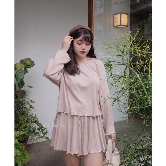【Want-Meow】90公斤可穿/２件組兩件套裝長袖顯瘦螺紋捲邊上衣+褲裙套裝(大碼上衣/大碼/大尺碼/套裝)