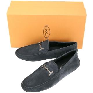 【TOD’S】TODS City T字金屬鍊飾麂皮橡膠底豆豆鞋(男鞋/深藍色)(真皮 義大利精品)