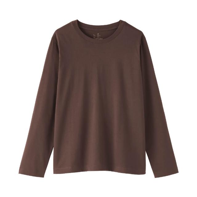 【MUJI 無印良品】女天竺圓領長袖T恤(白色/黑色/綠色/棕色/黑紋樣/磚紅紋樣/綠紋樣/灰棕紋樣)