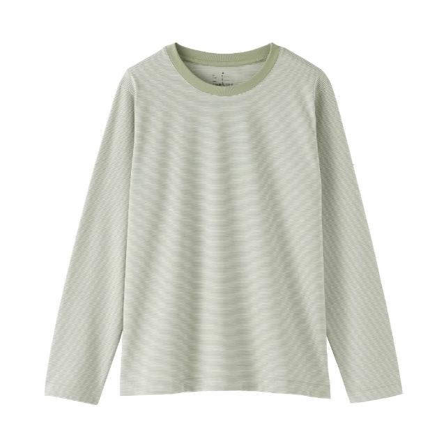 【MUJI 無印良品】女天竺圓領長袖T恤(白色/黑色/綠色/棕色/黑紋樣/磚紅紋樣/綠紋樣/灰棕紋樣)