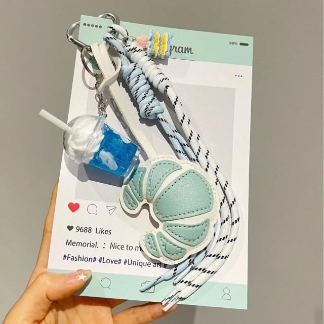 【MoonDy】編織鑰匙圈 可頌麵包掛飾 皮質造型吊飾 咖啡杯吊飾 可頌吊飾 手提包配件 包包造型掛飾