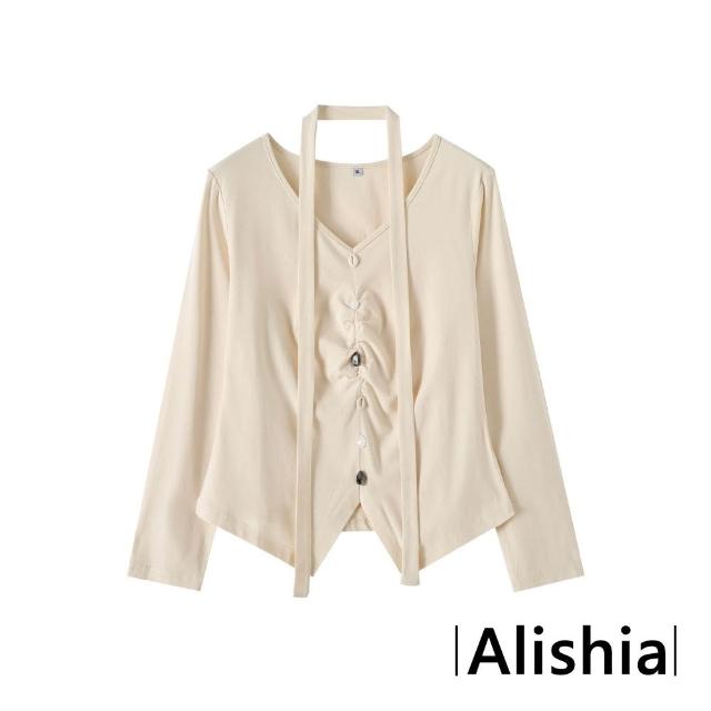 【Alishia】韓系V領修身抓皺鈕扣質感長袖上衣 中大碼款 打底衣 XL-4XL(米杏色 / 灰色 / 黑色)