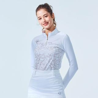 【KING GOLF】速達-網路獨家單特-女款幾何線條草寫印花立領長袖上衣-白色